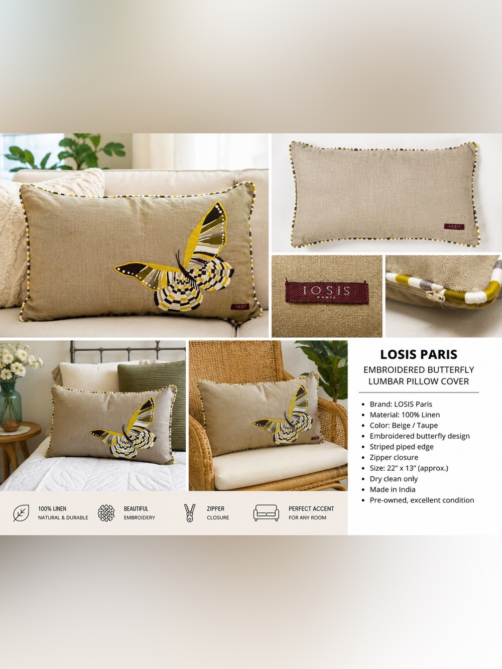LOSIS Paris Embroidered Butterfly Linen Lumbar Pillow Cover 22x13 Beige